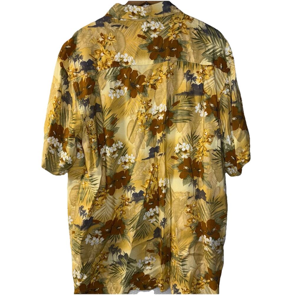 Size L - Men’s Knightsbridge Floral Blue Rayon Hawaiian Shirt Gold Brown